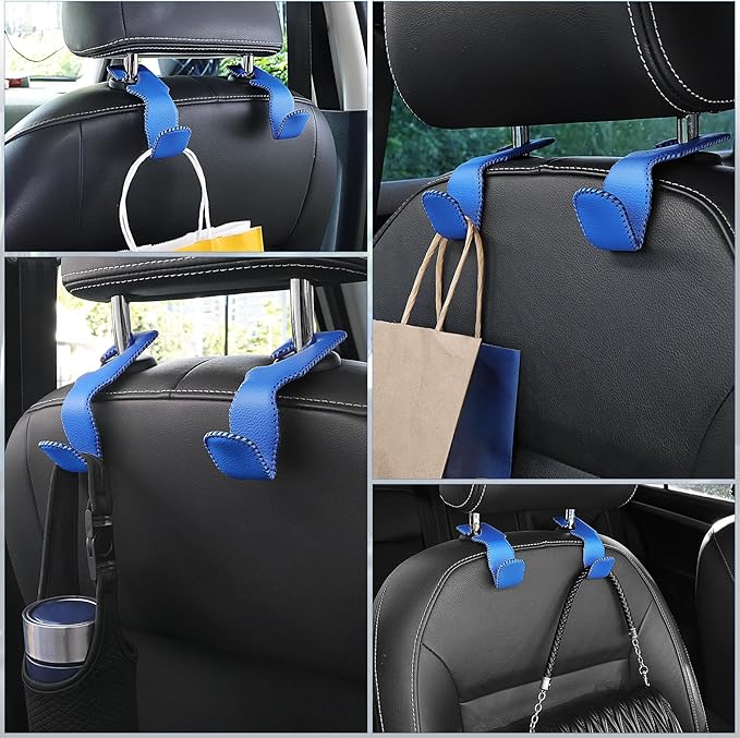LivTee Blue Superior Leather Car Seat Back Headrest Hook, Auto Seat Hook Hangers Interior Accessories for Purse Coats Umbrellas Grocery Bags Handbag, 2-Pack