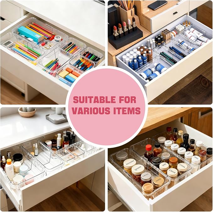 16 PCS Clear Drawer Organizer Set, Expandable Acrylic Vanity Storage Bins, 2 Sizes Adjustable Plastic Junk Drawer Dividers, BPA-Free Non-Slip Stackable Organizers for Makeup, Bedroom, Office & Tools