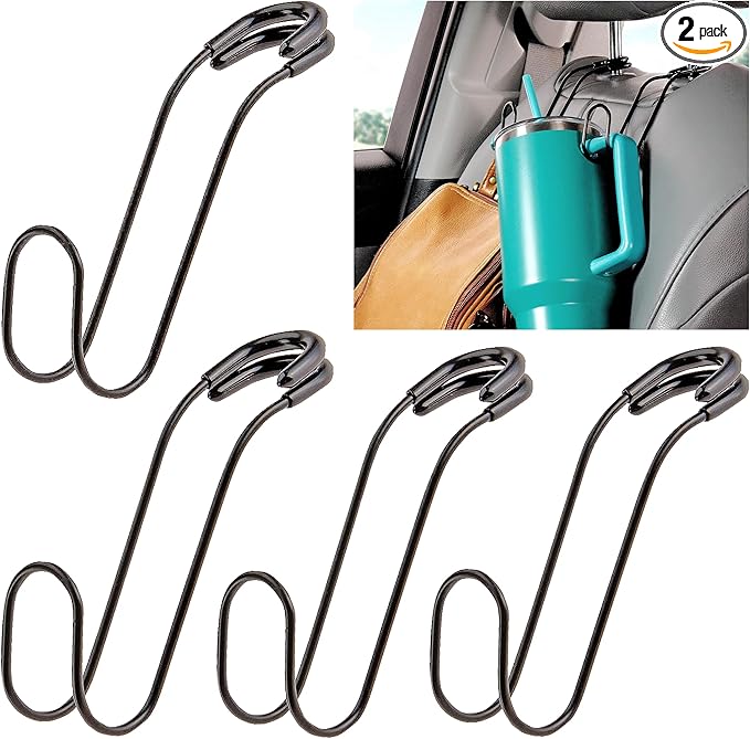 High Road Metal Car Hooks for Purses and Bags - Unbreakable Headrest Car Hooks for Large Purse Straps and Heavy Bags up to 40 lbs - Secure Attachment Loops Fit All Headrest Posts (Single Hook 4-Pack)