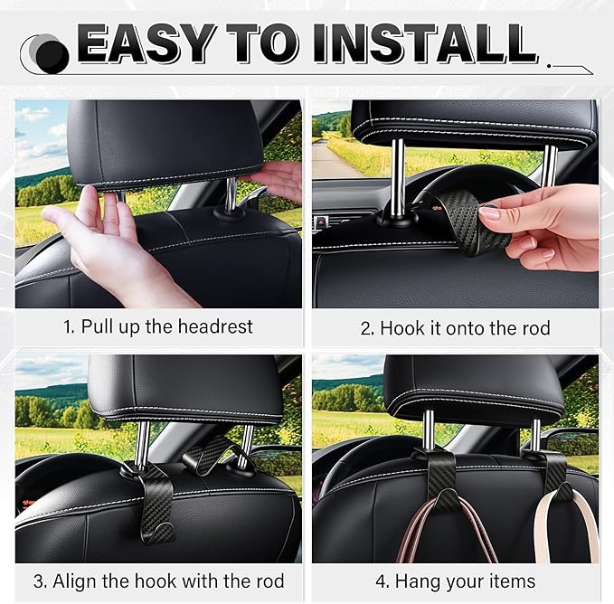 SINGARO Universal 4 Pack Car Seat Headrest Purse Hook, Carbon Fiber Back Seat Hook Storage Organizer Hanger for Purse Handbag Coat, Car Interior Accessories(Black)