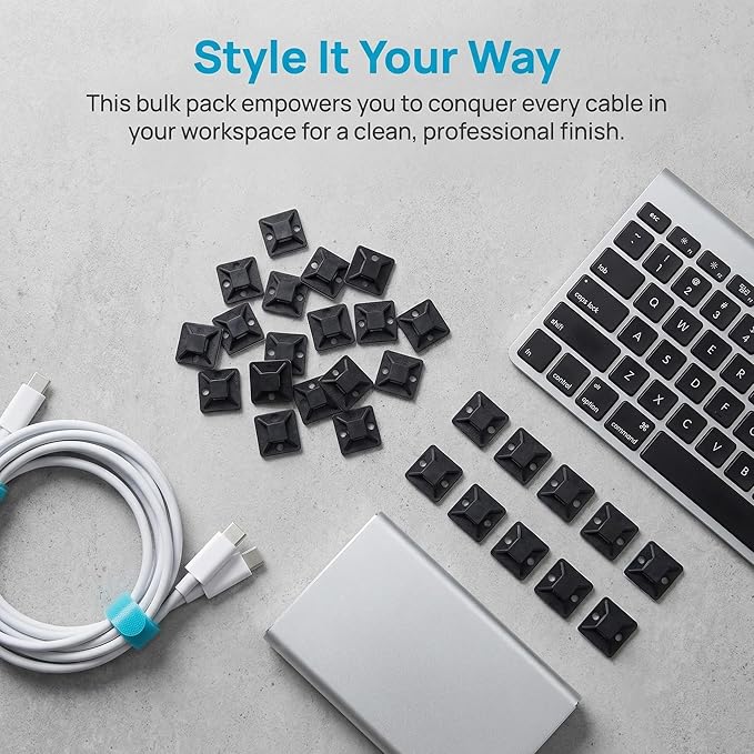 3/4-Inch Black Self-Adhesive Cable Tie Mounts - 100 Pack, Screwless Wire Clips Holders for Organizing Cables, Adhesive Anchors for Home Office Car Desk