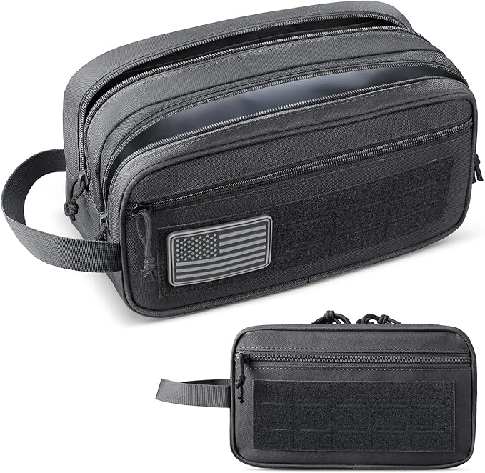 RXW EDC Toiletry Bag for Men, Tactical Dopp Kit, Molle Pouches Compact Travel Organizer for Shaving Shower, Hygiene, Grooming (Includes Dry/Wet Compartment & US Flag Patch)