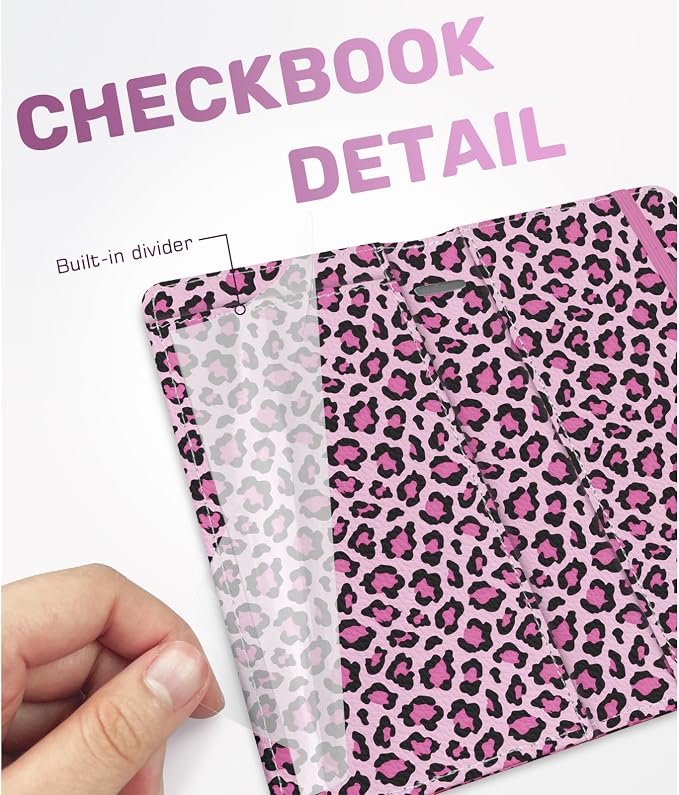 Checkbook Cover for Men Women, Premium Leather Checkbook Holder with RFID Blocking and Built in Clear Plastic Divider for Personal and Business Checks (Leopard-Pink)