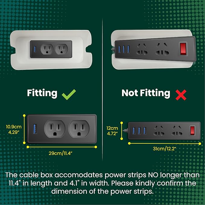 Cable Management Box, 7 Holes, 12x5x4.5 inches, Wooden Lid Cable Organizer Box for Desk to Hide Power Strips, Tv Wires, ABS Material Cord Cover (2 Holes)