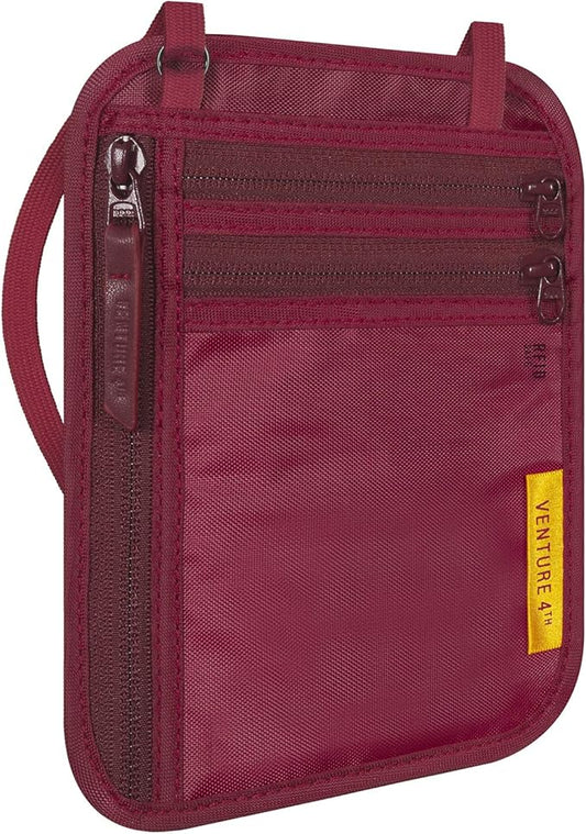 VENTURE 4TH RFID Blocking Travel Neck Wallet - Security Neck Pouch Passport Holder with Nylon Lining (Red)