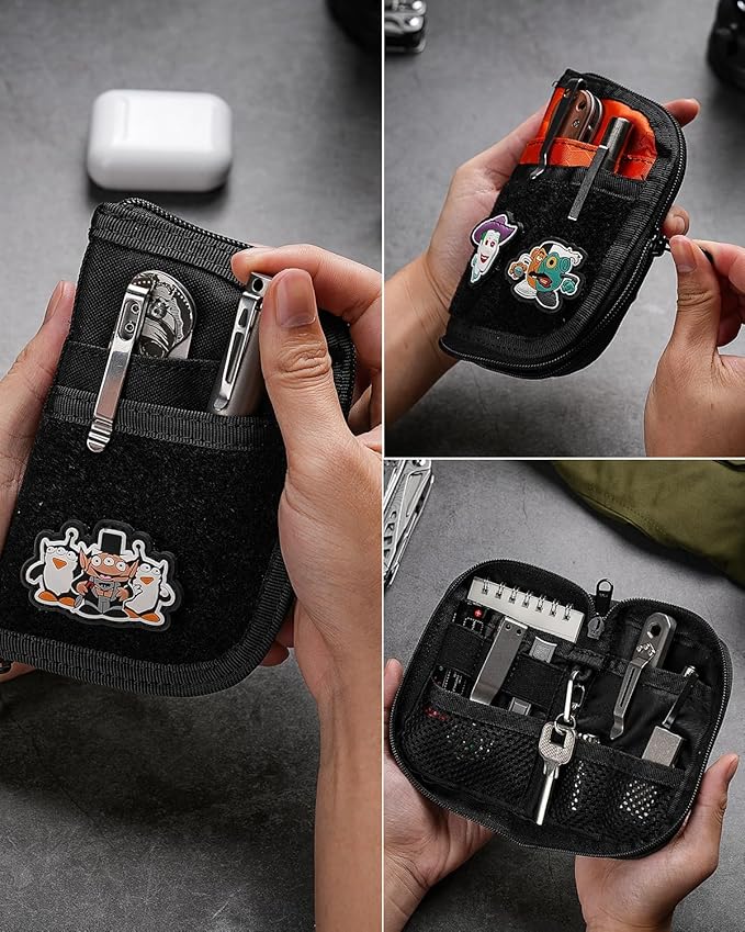 VIPERADE VE10 EDC Pouch Small Pocket Tool Pouch with 10 Compartments, Men's Pocket Organizer for Multitools, EDC Organizer with Patches Area for DIY (Black Camo)