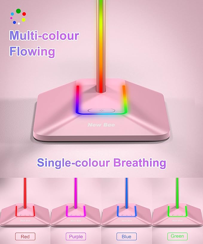 New Bee RGB Headphone Stand with 1 USB-C Charging Port and 1 USB Charging Port, Desk Headset Stand with 7 Light Modes and Non-Slip Rubber Base Suitable for All Earphone Accessories (Pink)