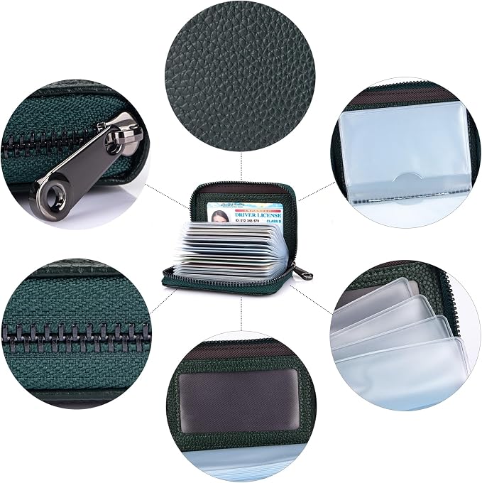 Suweibuke Genuine Leather Credit Card Holder Zipper Wallet RFID Blocking Secure Card Case ID Case Organizer (Black Green)