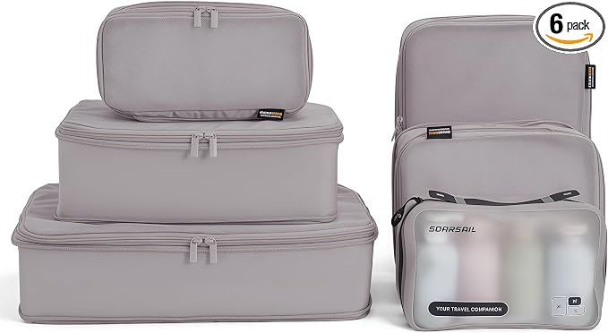 6 Set Compression Packing Cubes for 7–14 Day Travel, Misty Silver | Nylon Oxford Fabric, Full Breathable Mesh, Reinforced Double-Zipper, Small to Large Size Bag, Expandable Packing System
