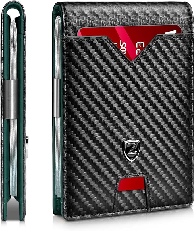 Zitahli Slim Wallet for Men with Money Clip, Minimalist Front Pocket RFID Blocking Leather Wallets Bifold Credit Card Holder, 11 Card Slots and ID Window with Gift Box