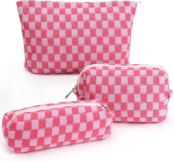 3 Pcs Makeup Bag Cosmetic Bag Set for Girls Women Checkered Travel Organizer Bathroom Toiletry Pouch Large Capacity Storage Bag (Rose-Red)