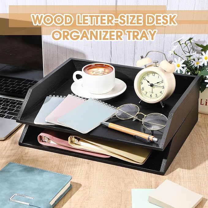 Beeveer 2 Pcs Black Wood Letter Tray Wooden Desk Paper Organizer 2 Tier Stackable Load Documents Desktop Tray Drawer File Folder Magazine Office Accessories for Home Office Back to School