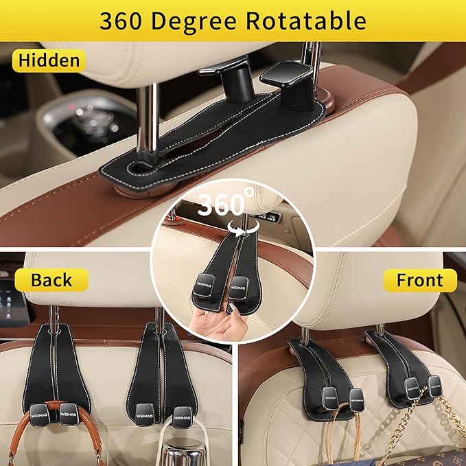 WEIHAO Wide Purse Hook for Car, Twin Hook Leather Car Headrest Hangers, Car Seat Back Storage Hook, Headrest Hooks Purse Bag Holder for Car Universal Fit Sedan Trucks SUVs Most Vehicles (Black-4PCS)