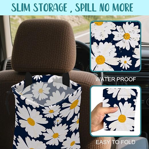 Car Trash Bag Chamomile Flower Hanging Drawstring Car Organizer and Storage Bag with Adjustable Buckle Canvas Garbage Bin for Back Seat or Hanging Headrest Car Decor Road Trip Essentials