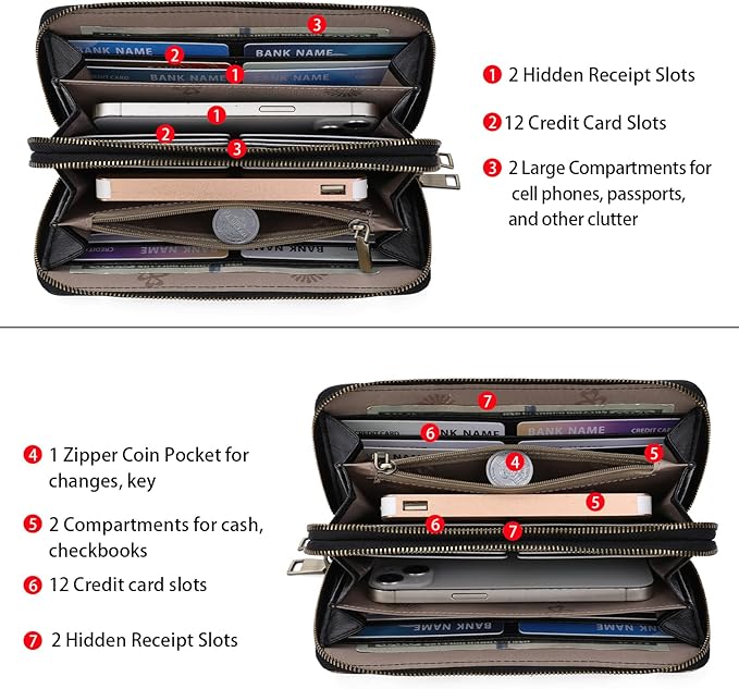GOIACII Women's Wallet Large Capacity Double Zip Ladies Card Phone Holder RFID Blocking Wristlet Leather