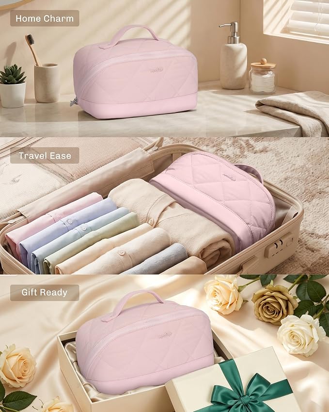 Hynes Eagle Travel Makeup Bag for Women Puffy Cosmetic Organizer Pouch Open Flat Toiletry Bag for Toiletries Brushes Structured Base Light Pink