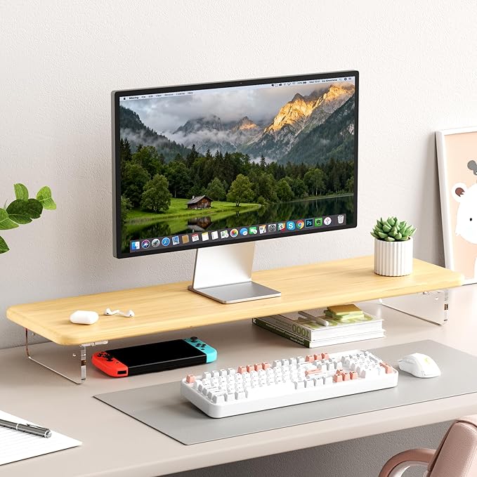 AFOOYO Bamboo Monitor Stand Riser, 31.5In Desk Organizer, Adjustable Arylic Feet Computer Monitor Stand, Desk Shelf for Office