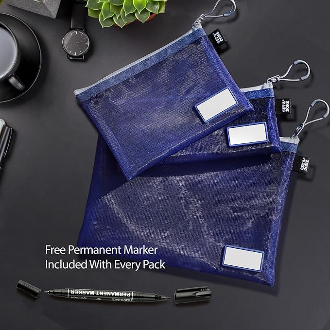 Set & Done Onama Flexi Mesh Zipper Pouch – Durable Clear Nylon Storage Bag with Name Tab for Makeup, Travel, Diaper Bag & Office Organizing