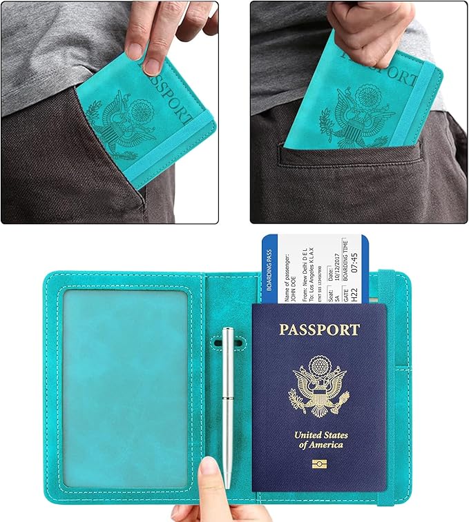 ACdream Passport and Vaccine Card Holder Combo, Cover Case with CDC Vaccination Card Slot, Leather Travel Documents Organizer Protector, with RFID Blocking, for Women and Men, C - Sky Blue, Fashion