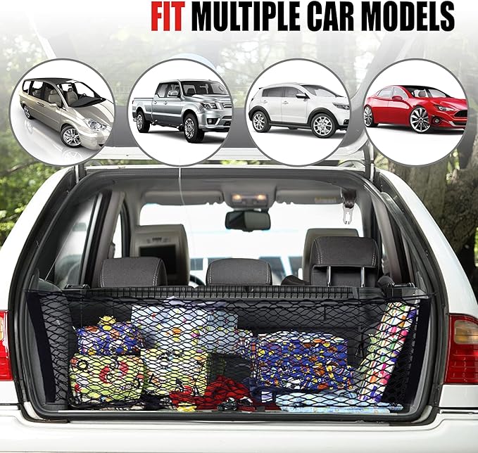 AWELCRAFT Car Rear Cargo Net, Adjustable Elastic Storage Organizer Net, Trunk Cargo Storage Net, Universal Fit for Car, Vehicle, SUV