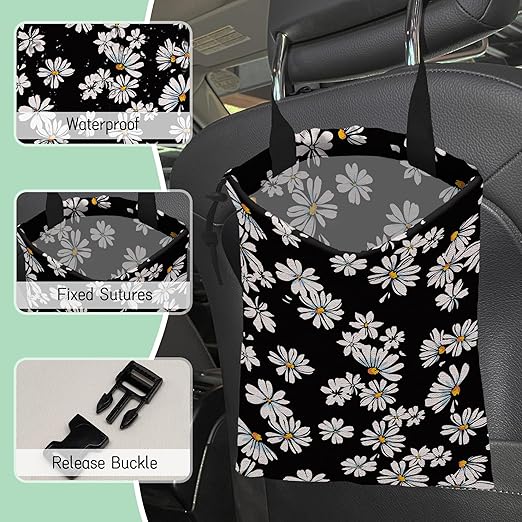 Small Daisy Flowers Car Garbage Bag,Waterproof Small Car Trash Bag Hanging Back of Seat,Drawstring Hanging Car Trash Bag with Adjustable Buckle for Car Accessories