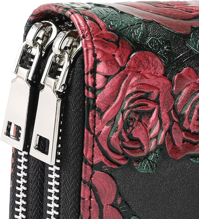 GOIACII Women's Wallet Large Capacity Double Zip Ladies Card Phone Holder RFID Blocking Wristlet Leather