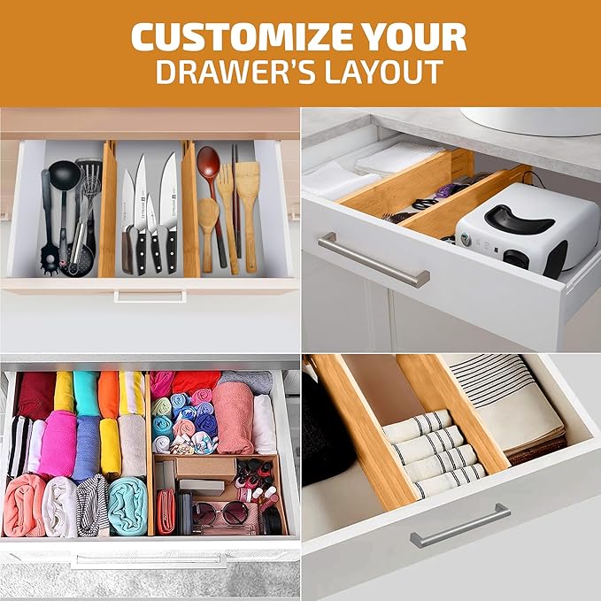6-Pack Drawer Dividers - 6 Inches High, Adjustable 11 to 17 Inches Bamboo Drawer Organizers, Large Deep Expandable Separators for Clothes, Dresser, Bedroom, Bathroom, Baby , Office, Kitchen Utensils