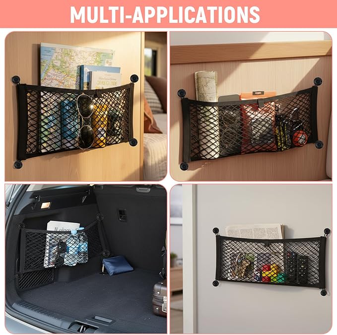 3pcs Small Cargo Net Pocket Elastic Mesh Netting 25inx9.25 Inch Stretchable Automotive Cargo Net Storage Pouch with Metal Hook and Screws Universal for Trunk RV Boats SUV