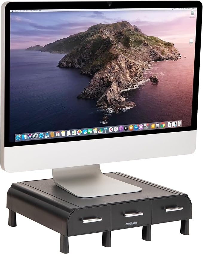 Mind Reader Monitor Stand, Laptop Riser, Desktop Organizer, Storage Drawer, Office, Plastic, 13.5"L x 13"W x 4"H, Black