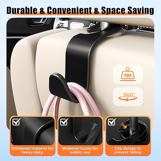 Amooca Car Seat Headrest Hook 4 Pack Hanger Storage Organizer Universal for Handbag Purse Coat Universal fit Vehicle Car Black with Buckle