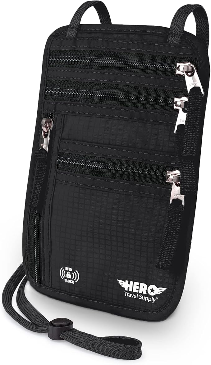 HERO Neck Wallet - RFID Blocking Passport Holder, Easy to Conceal and Pouch (Black)