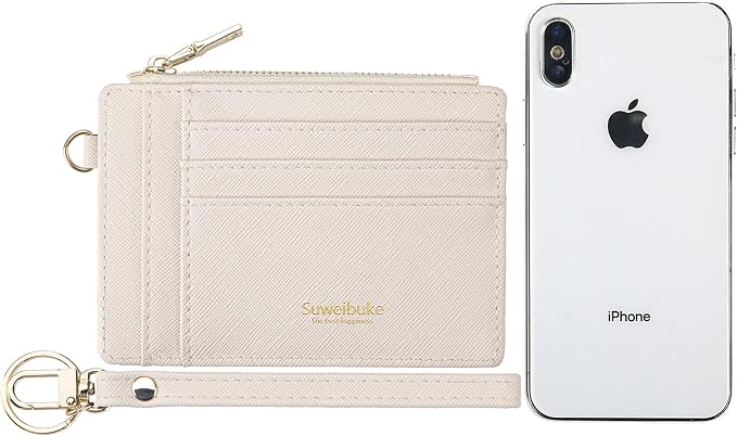 Wikavanli Women Slim Rfid Blocking Credit Card Case Holder Wristlet Zip ID Case Wallet Small Compact Leather Wallet Coin Purse with Keychain (Beige)