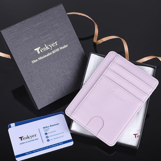 Teskyer Slim Wallet for Men, Minimalist Front Pocket RFID Blocking Leather Wallet Credit Card Holder for Men & Women