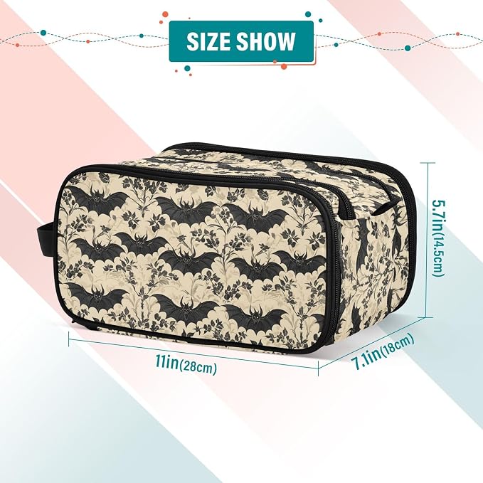 MNSRUU Large Capacity Makeup Bag, Bats and Flowers Vintage Cosmetic Bag Portable Toiletries Pouch with Compartments Makeup Organizer Case for Travel Women