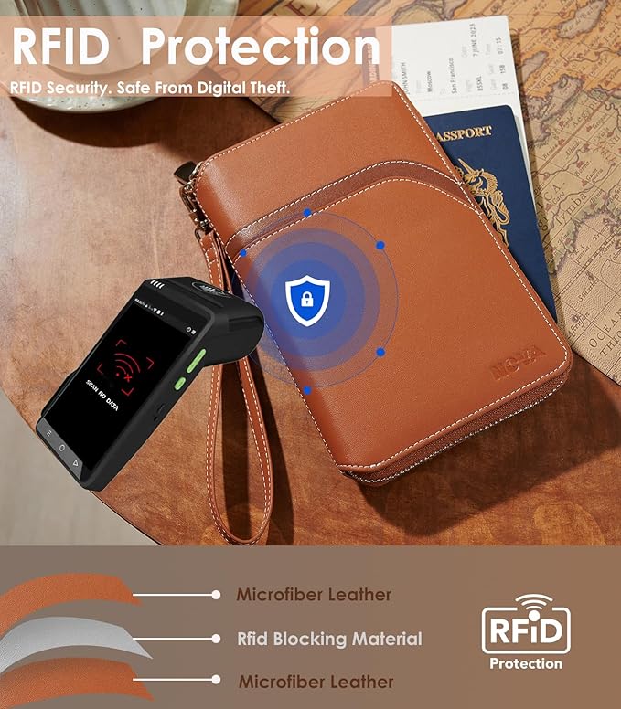 Nova RFID Blocking Passport Holder w/Hidden AirTag Trackable Card, Women Passport Wallet For Travel, Large Organzier For 2 Passports,Cash w/zipper & Wrist Lanyard