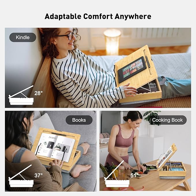 AboveTEK Book Stand for Reading with Storage, Adjustable Bamboo Book Holder with Soft Lap Cushion, Cookbook Stand, Hands-Free Book Reading Stand for Bed, Desktop & Kitchen Counter