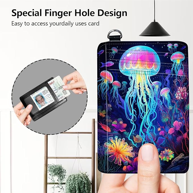 Slim RFID Blocking Card Holder Wallet with Wrist Strap - Minimalist Front Pocket Wallet, Colored jellyfish Design, PU Leathe, for Men & Women, Ideal for Travel & Gifts