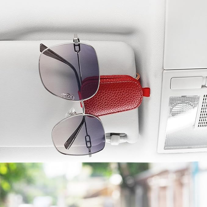 SINGARO Sunglasses Holder for Car, Leather Magnetic Buckle Sun Visor Sunglass Clip, Ticket Card Storage Glasses Clip, Car Interior Accessories for Men and Women（Red）