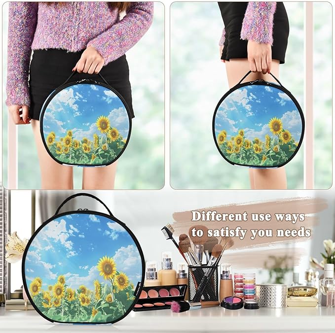 senya Round Cosmetic Pouch Travel Makeup Train Case Sunflower Makeup Organizer Bag with Adjustable Dividers Portable for Cosmetics Makeup Brushes Toiletry Jewelry Accessories