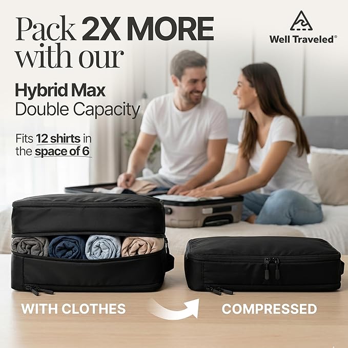 Well Traveled 4 pcs Compression Packing Bags Cubes Set with HybridMax Double-Capacity Design - Packing Cubes for Travel Compression to Maximize Limited Luggage Space, Black