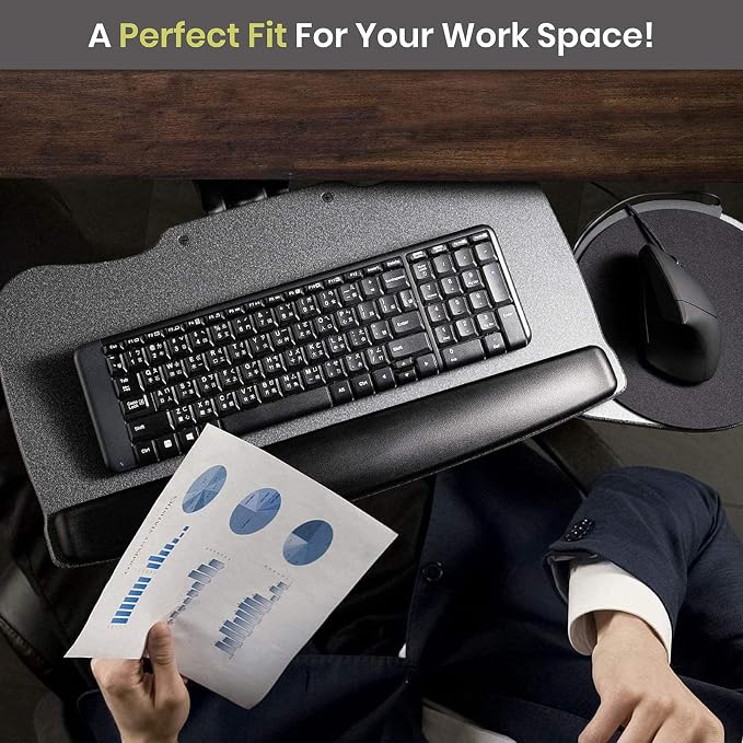 Under Desk Keyboard Tray, 27" x 11" Tray, 17.75" Track, One Knob Control, Undermount Sliding Computer Keyboard with Wrist Rest, Adjustable Height and ±15° Tilt