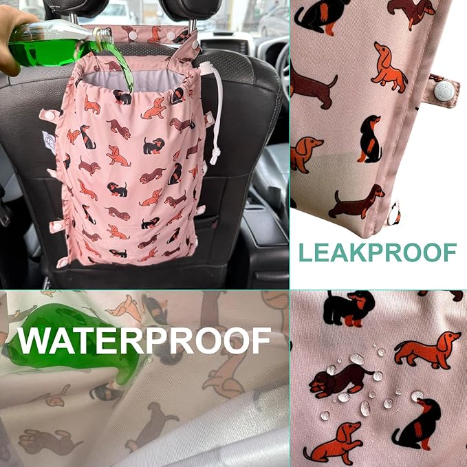 FLOCK THREE Leak-Proof Waterproof Car Trash Bag Foldable Multipurpose Trash bin Container Storage Cute Grocery Organizer for Automotive Cars SUVs and Trucks Backseat Headrest 7 Liters