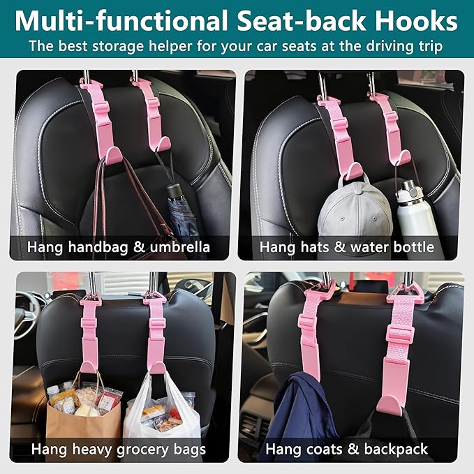 Amooca Headrest Hooks for Car Adjustable 4 Pack Vehicle Seat Back Organizer Storage Hanger Holder for Purse Bags Universal Fit with Clip Pink
