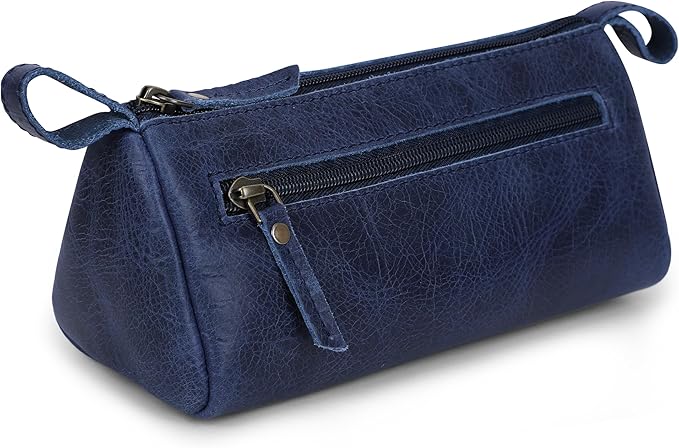 Leather Makeup Bag for Women – Genuine Leather Cosmetic Bag Travel, Handmade Zippered Makeup Pouch, Small Toiletry Bag, Shaving Kit & Stationery Organizer- Blue