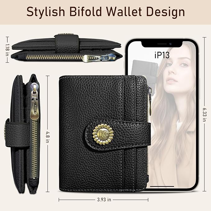 Kelvoris Small Rfid Women Wallet Bifold Zipper Coin Pocket PU Leather Compact Cash Credit Card Holder Travel Wallet for Female Ladies Teen Girls 1 ID Window 10 Card Slots Black