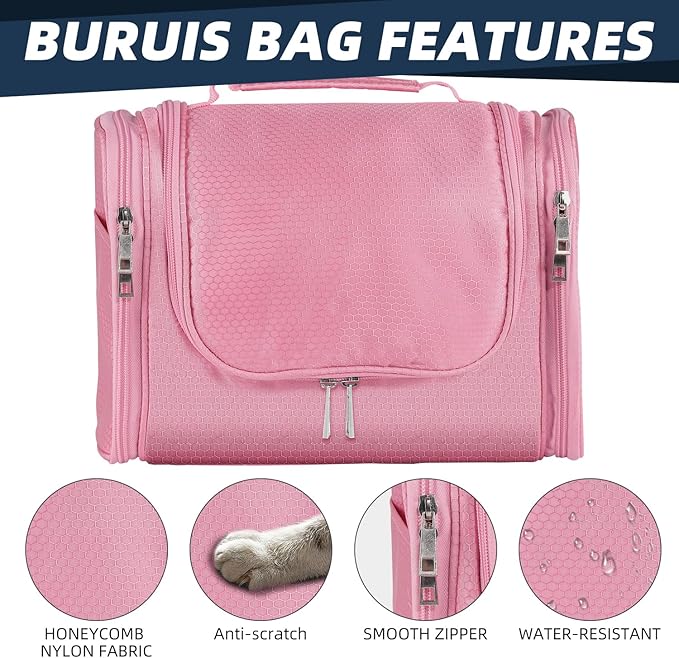 Buruis Hanging Toiletry Bag for Women and Men, Large Water-Resistant Makeup Organizer with Sturdy Hook, Lightweight Nylon Dopp Kit for Full-Sized Toiletries & Cosmetics, Pink