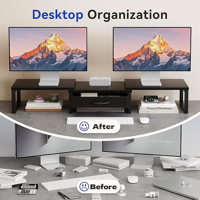 Dual Monitor Stand Riser, Desk Organizers and Accessories with Drawer, Computer Monitor Stands for Desk, Adjustable Desktop Shelf for PC Laptop Printer TV, Black
