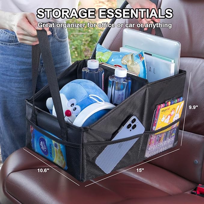 Front-Back Seat Car Organizer Box - Portable Passenger Seat Organizer, Odorless Fabric Car Seat Organizer, Universal Foldable Auto Seat Storage Caddy for Kids & Adults Road Trip Essentials (Black)