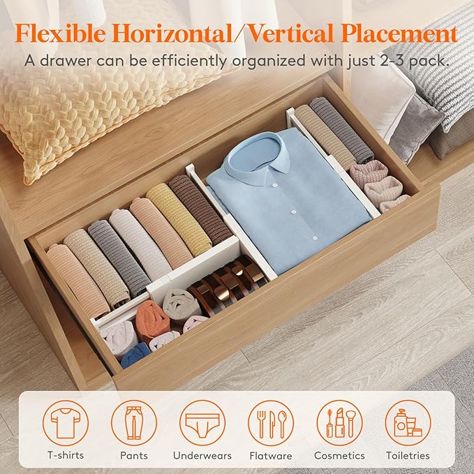 Lifewit 5 Pack 4" High Drawer Dividers 28-43.5cm/11-17" Adjustable Drawer Organizer for Clothes/Utensils, Expandable Drawer Separator in Dresser/Kitchen/Bedroom/Office Organization & Storage Beige