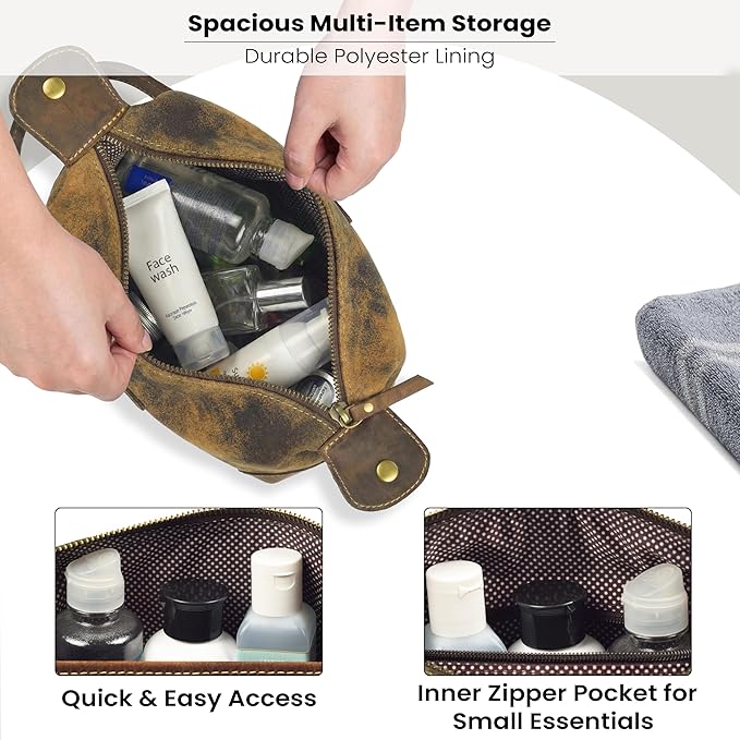 LEATHER VILLAGE Genuine Leather Dopp Kit for Men & Women – Travel Vintage Toiletry Bag with Waterproof Lining, Shaving & Bathroom Essentials Organizer - Distressed Brown